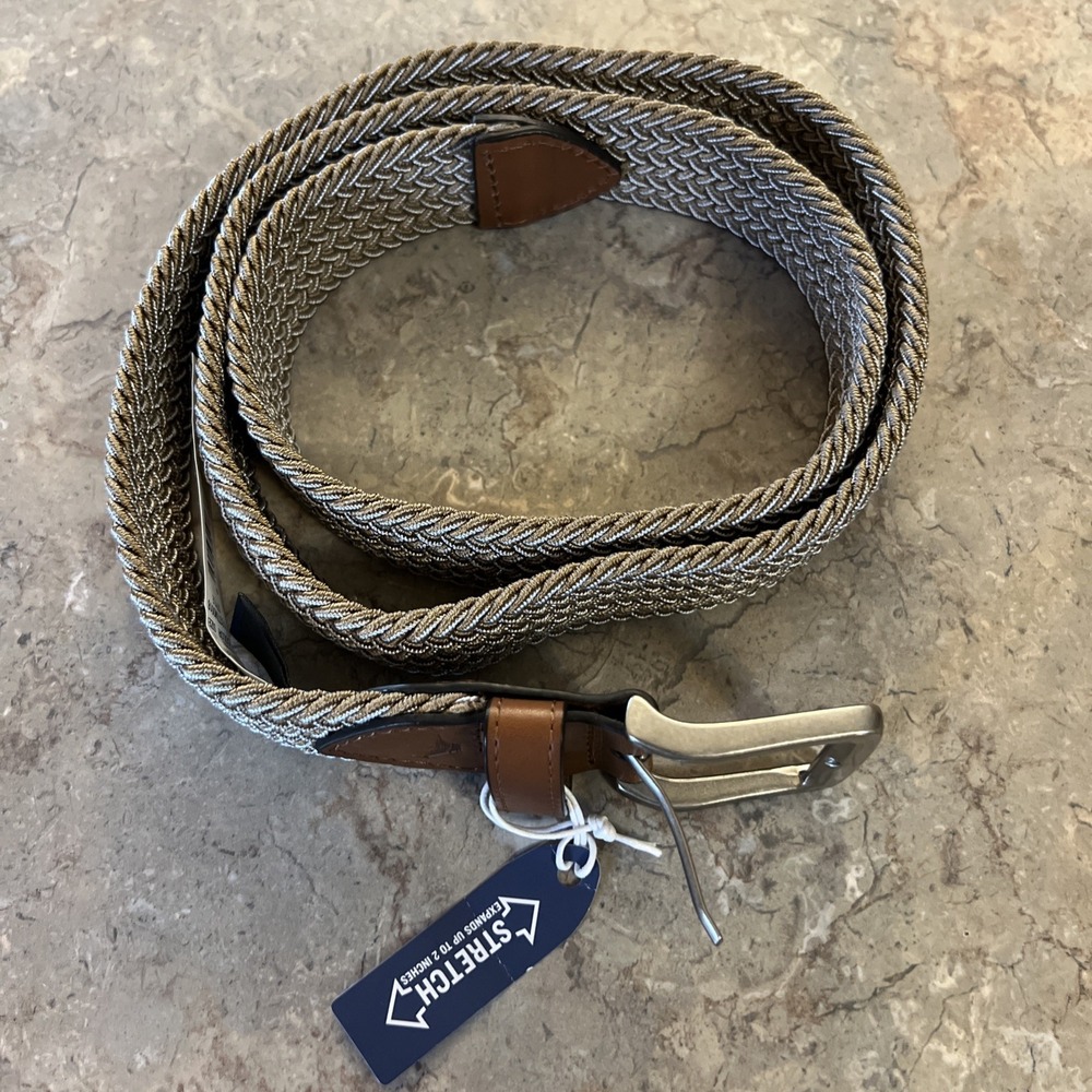 Tommy Bahama Braided Belt Mens Large 38-40 Tan Woven Leather Trim